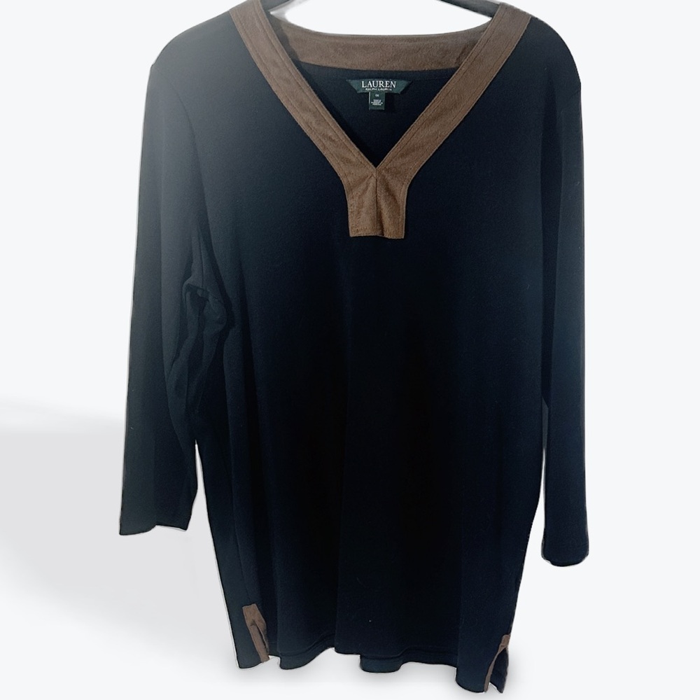 Lauren Ralph Lauren Chic Black Top with Brown Suede Accents V Neck 1X